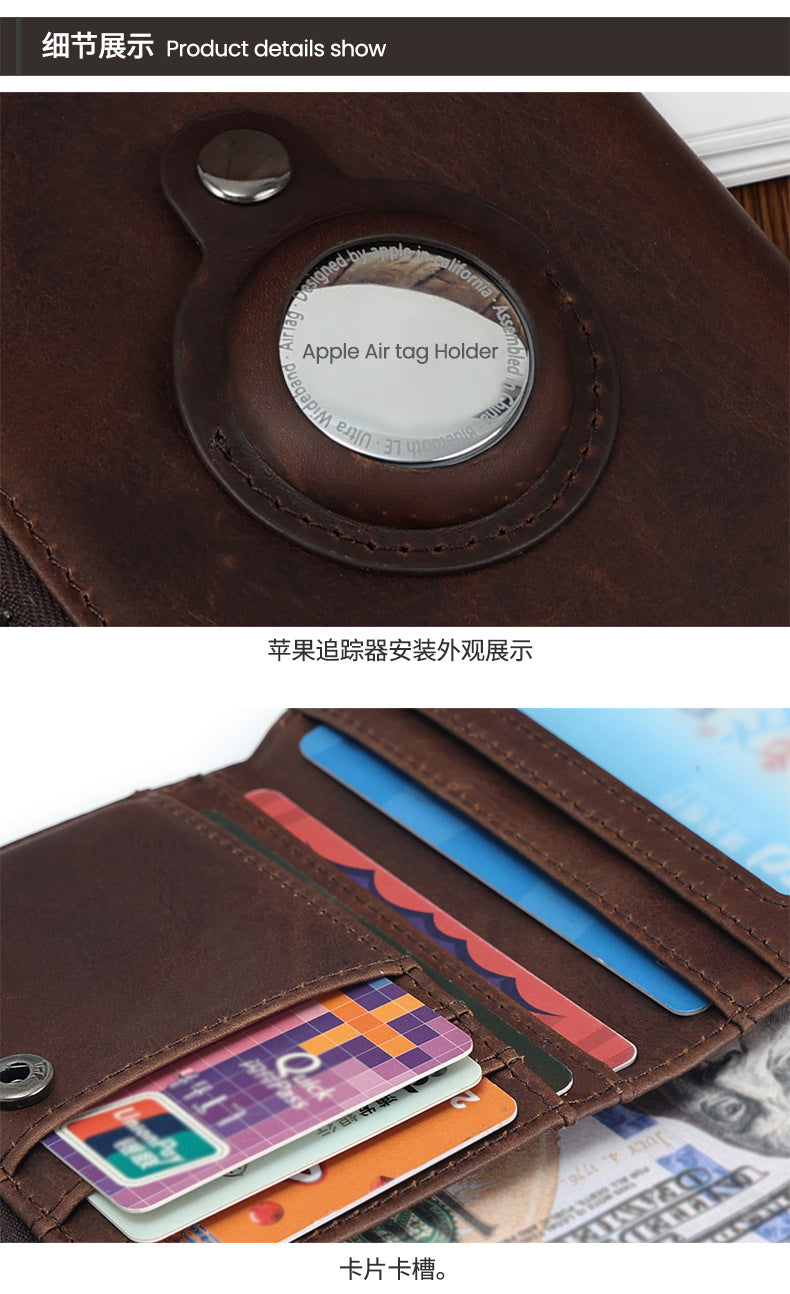Genuine Leather Classic Retro Short Wallet Men's Bag with Tracker Leather Case Multifunctional Crazy Horse Leather Business Wallet Men