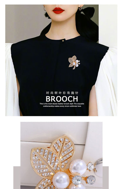 Korean New Style Leaf Pearl Brooch for Women, Versatile and Elegant, Unique Design Pin Accessory, Fresh and Sweet