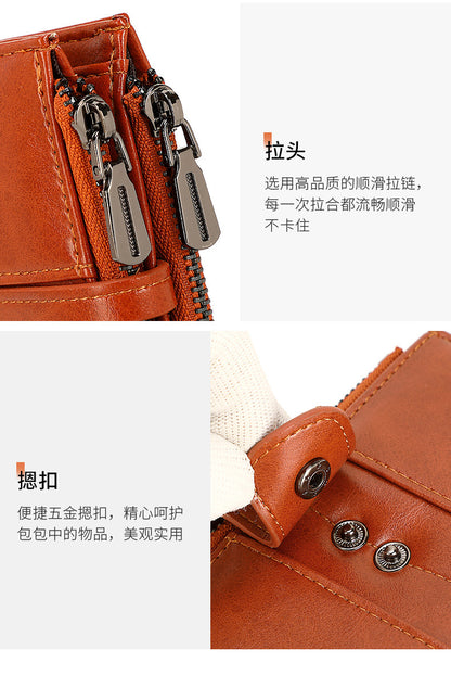 Cross-Border 2025Rfid Anti-Theft Wallet Retro Oil Wax Leather Double Zipper Coin Purse European and American Fashion Short Wallet