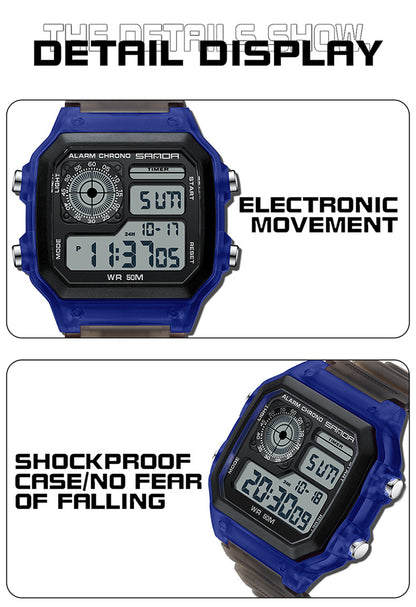 Sanda Hot-selling Square Watch Luminous Waterproof Alarm Student Watch Simple Korean Transparent Sports Electronic Watch