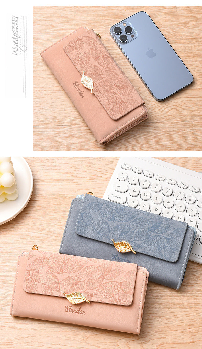Amazon Cross-border Wallet Wholesale European and American Retro Frosted Leaf Buckle Long Clutch Large Capacity