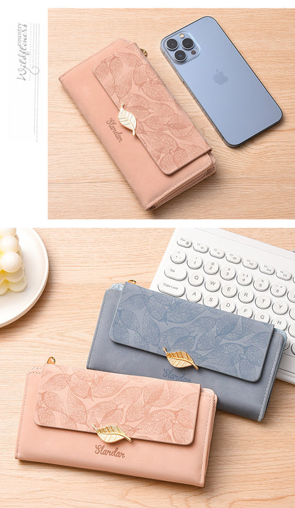 Amazon Cross-border Wallet Wholesale European and American Retro Frosted Leaf Buckle Long Clutch Large Capacity
