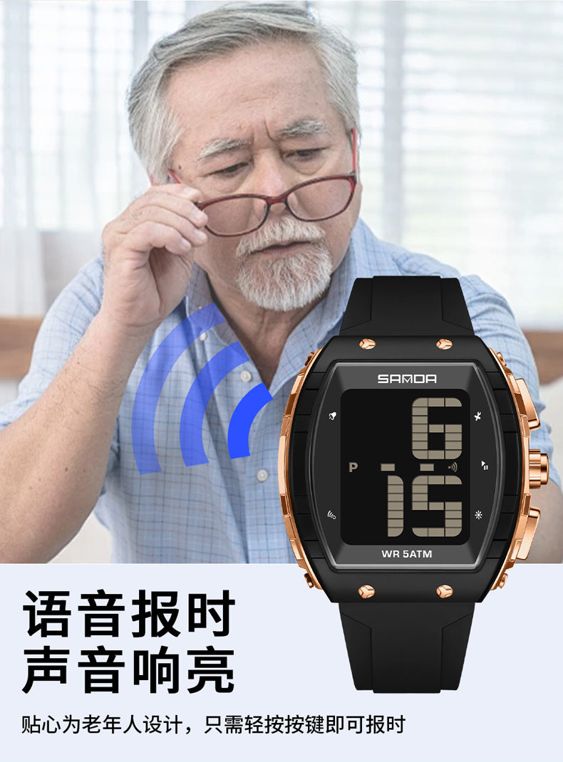 Sanda Elderly Voice Time Watch Large Digital Screen Luminous Multi-Function Watch Waterproof Calendar Digital Watch