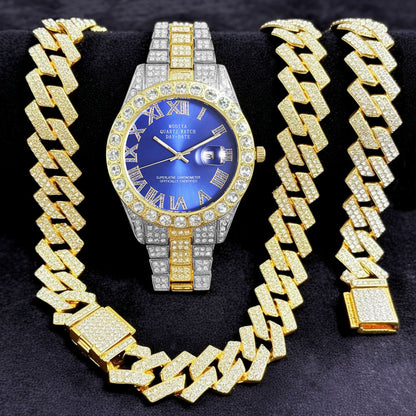 [Bross-Border Hot Item] 16-Piece Set of Various Diamond-Encrusted Watches, Diamond-Shaped Cuban Bracelets and Necklaces, Three-Piece Set