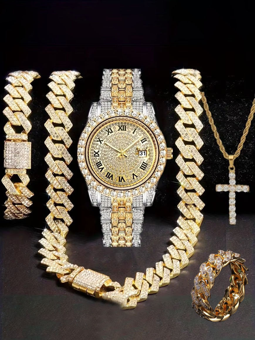 Hiphop Hip Hop Diamond Watch Five-Piece Diamond Cuban Chain Cross Necklace Cuban Ring Cross Border Wholesale