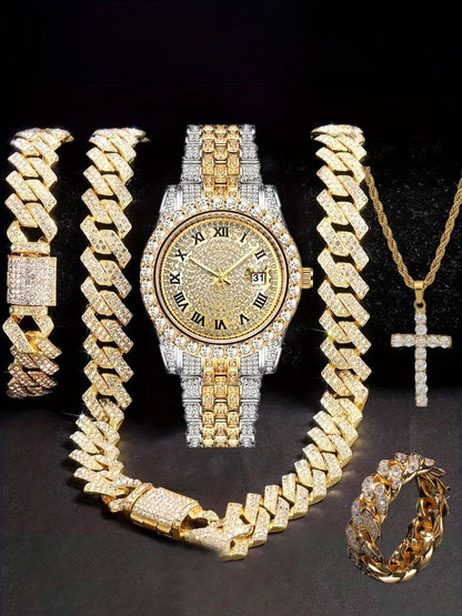 Hiphop Hip Hop Diamond Watch Five-Piece Diamond Cuban Chain Cross Necklace Cuban Ring Cross Border Wholesale