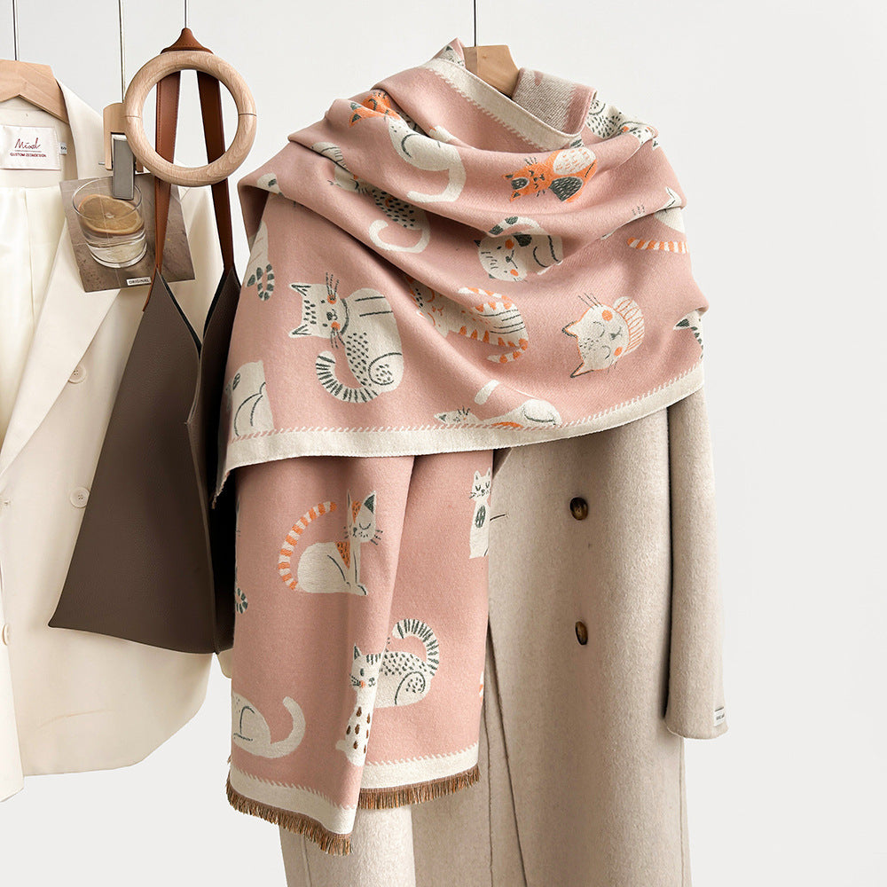 Sweet Cartoon Double-sided Cute Kitten Cashmere Scarf Women's Fashion All-match Thickened Winter Warm Neck Shawl