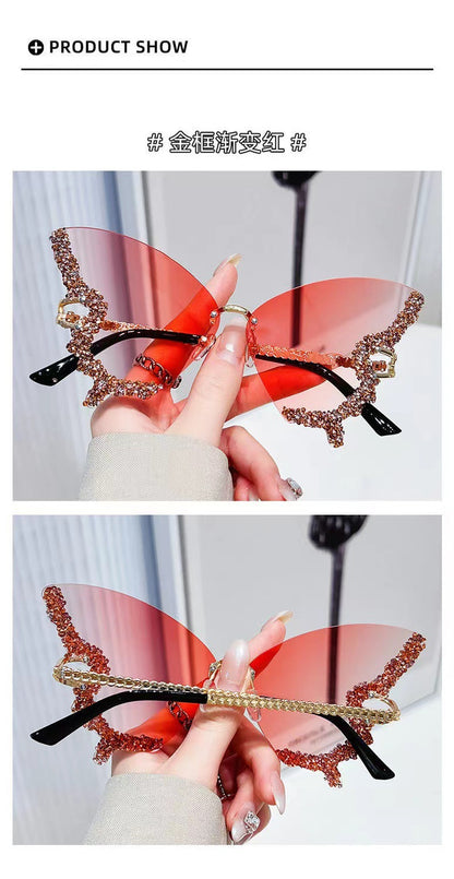 Cross-border New Butterfly Shape Diamond Rimless Sunglasses Women's Fashion Personality Exaggerated Sunglasses European and American Internet Red Broken Diamond