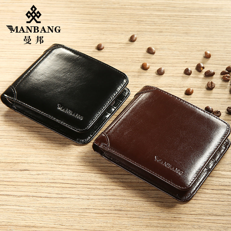 Cross-Border Dropshipping Manbang Men's Wallet Horizontal First-Layer Cowhide Wallet Classic Short 70% off Rifd Anti-Theft Brush