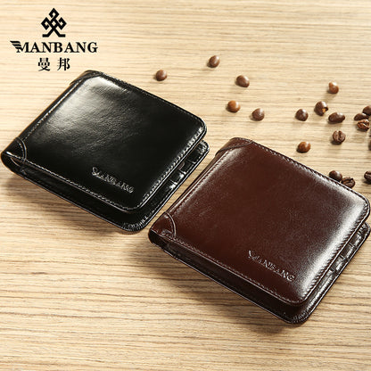 Cross-Border Dropshipping Manbang Men's Wallet Horizontal First-Layer Cowhide Wallet Classic Short 70% off Rifd Anti-Theft Brush