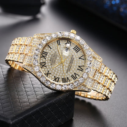 [Bross-Border Hot Item] 16-Piece Set of Various Diamond-Encrusted Watches, Diamond-Shaped Cuban Bracelets and Necklaces, Three-Piece Set