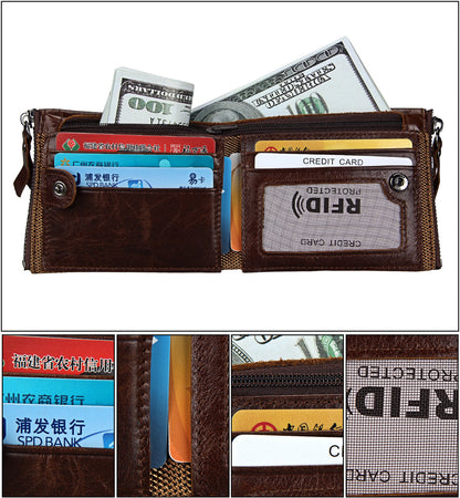 Crazy Horse Cowhide Men's Wallet RFID Anti-theft Brush Cowhide Short Men's Ticket Clip Wallet Double Zipper Coin Purse