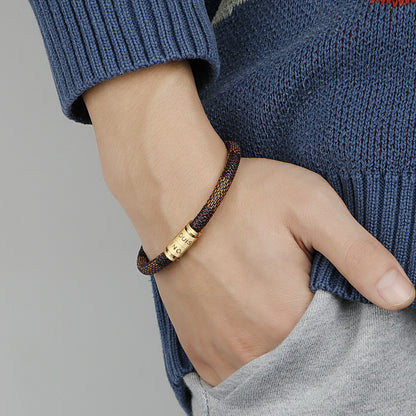 Cross-Border E-Commerce European and American Titanium Steel Lettering Old Pattern Cowhide Rope Bracelet Stainless Steel Magnetic Buckle Male and Female Couple Bracelet