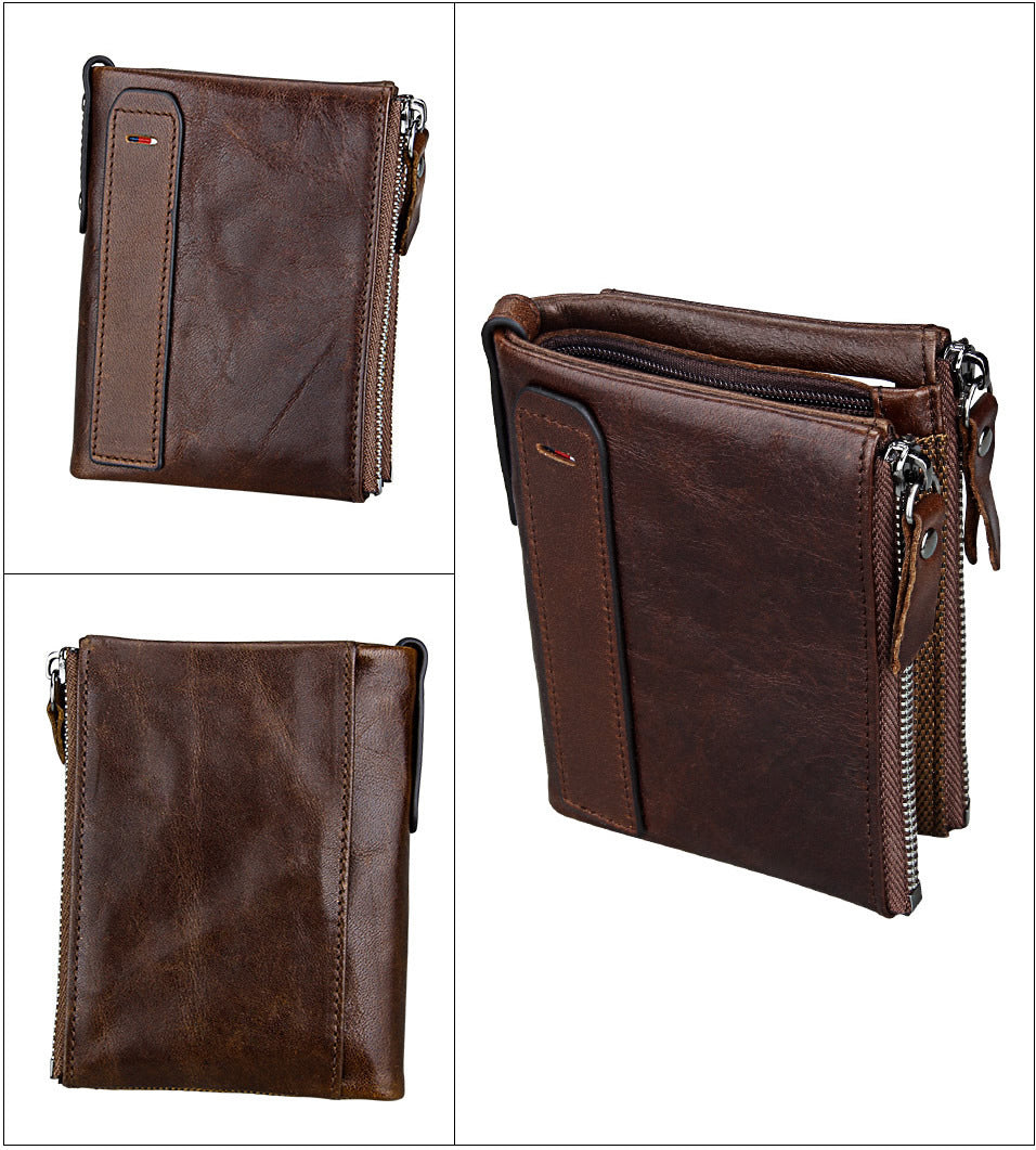 Crazy Horse Cowhide Men's Wallet RFID Anti-theft Brush Cowhide Short Men's Ticket Clip Wallet Double Zipper Coin Purse