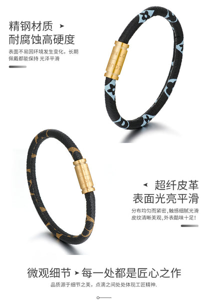 Cross-Border E-Commerce European and American Titanium Steel Lettering Old Pattern Cowhide Rope Bracelet Stainless Steel Magnetic Buckle Male and Female Couple Bracelet