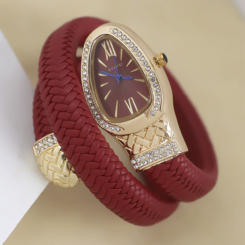 New Cross-Border Snake-Shaped Watch, Fashionable and Creative Personalized Quartz Watch for Women, Diamond-Encrusted Leather Strap Bracelet, Fashionable Watch