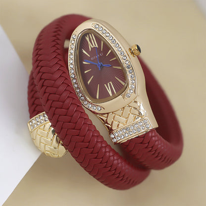 New Cross-Border Snake-Shaped Watch, Fashionable and Creative Personalized Quartz Watch for Women, Diamond-Encrusted Leather Strap Bracelet, Fashionable Watch