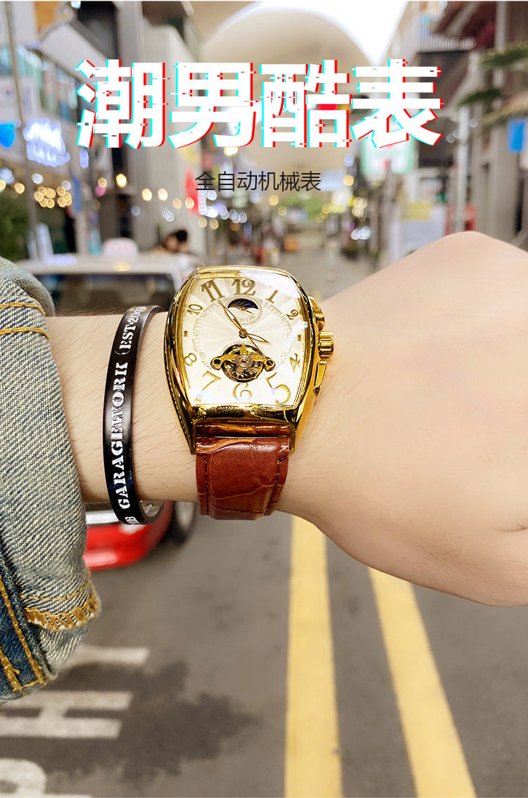 Barrel Type Fully Automatic Wheel Hollow Mechanical Watch Men's Business Simple Fashion Multifunctional Watch Wholesale