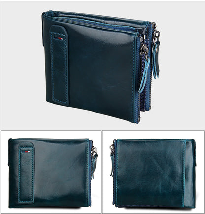 Crazy Horse Cowhide Men's Wallet RFID Anti-theft Brush Cowhide Short Men's Ticket Clip Wallet Double Zipper Coin Purse