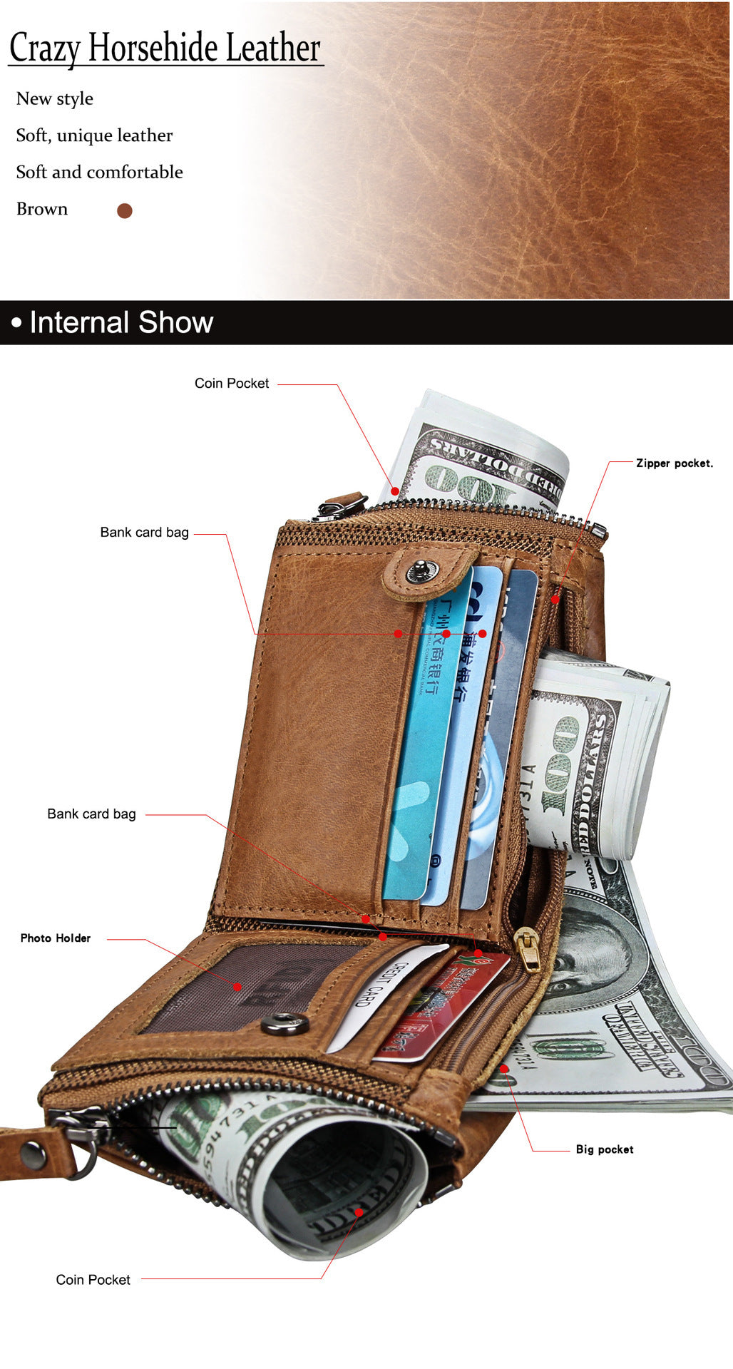 Crazy Horse Cowhide Men's Wallet RFID Anti-theft Brush Cowhide Short Men's Ticket Clip Wallet Double Zipper Coin Purse