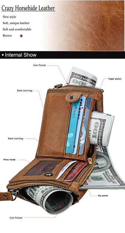 Crazy Horse Cowhide Men's Wallet RFID Anti-theft Brush Cowhide Short Men's Ticket Clip Wallet Double Zipper Coin Purse