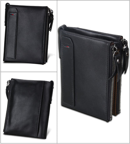 Crazy Horse Cowhide Men's Wallet RFID Anti-theft Brush Cowhide Short Men's Ticket Clip Wallet Double Zipper Coin Purse