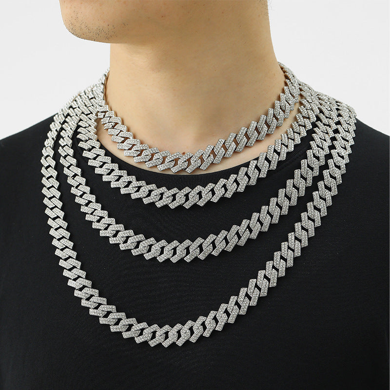 Xindi European and American Popular Men's Necklace 15mm Exaggerated Diamond Geometric Trendy Hip-Hop Jewelry Large Gold Chain Necklace