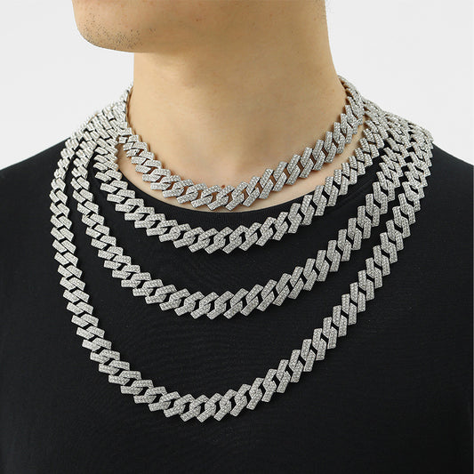 Xindi European and American Popular Men's Necklace 15mm Exaggerated Diamond Geometric Trendy Hip-Hop Jewelry Large Gold Chain Necklace