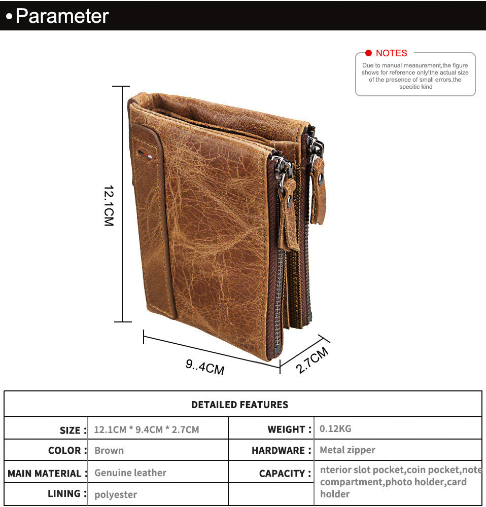 Crazy Horse Cowhide Men's Wallet RFID Anti-theft Brush Cowhide Short Men's Ticket Clip Wallet Double Zipper Coin Purse