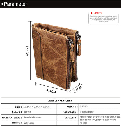 Crazy Horse Cowhide Men's Wallet RFID Anti-theft Brush Cowhide Short Men's Ticket Clip Wallet Double Zipper Coin Purse