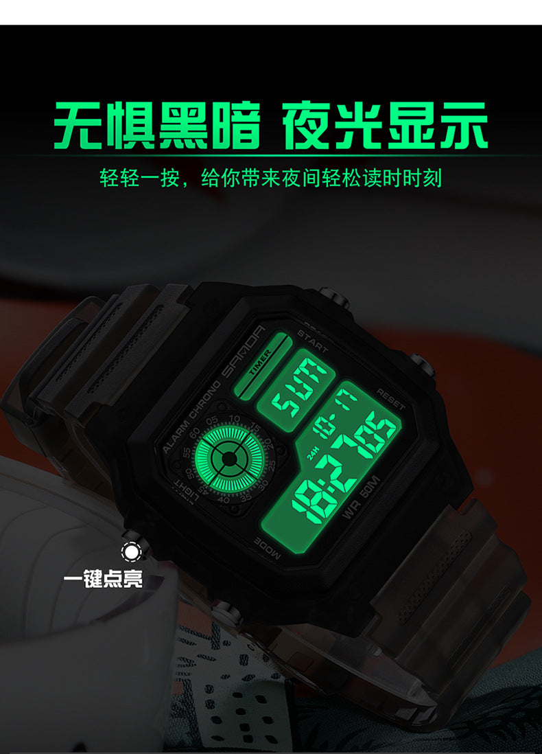 Sanda Hot-selling Square Watch Luminous Waterproof Alarm Student Watch Simple Korean Transparent Sports Electronic Watch
