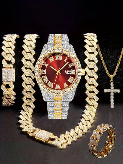 Hiphop Hip Hop Diamond Watch Five-Piece Diamond Cuban Chain Cross Necklace Cuban Ring Cross Border Wholesale