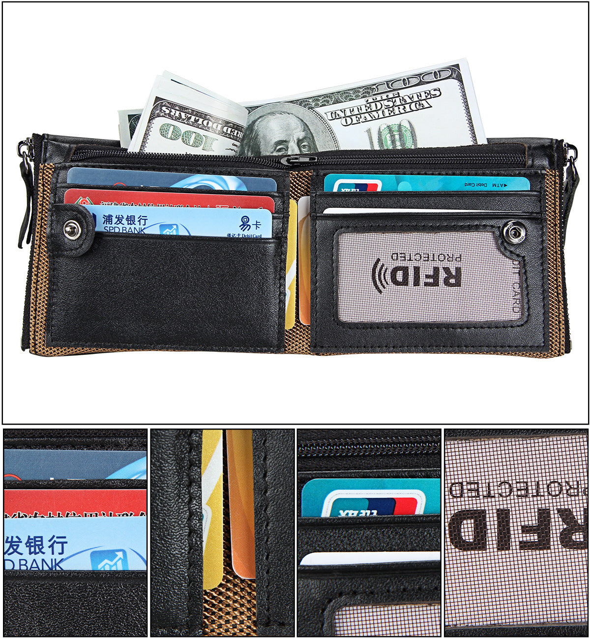 Crazy Horse Cowhide Men's Wallet RFID Anti-theft Brush Cowhide Short Men's Ticket Clip Wallet Double Zipper Coin Purse