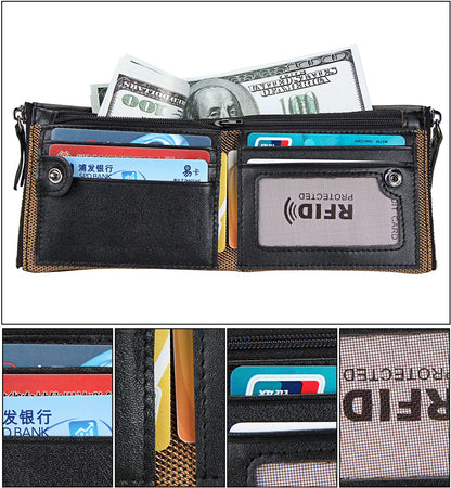 Crazy Horse Cowhide Men's Wallet RFID Anti-theft Brush Cowhide Short Men's Ticket Clip Wallet Double Zipper Coin Purse