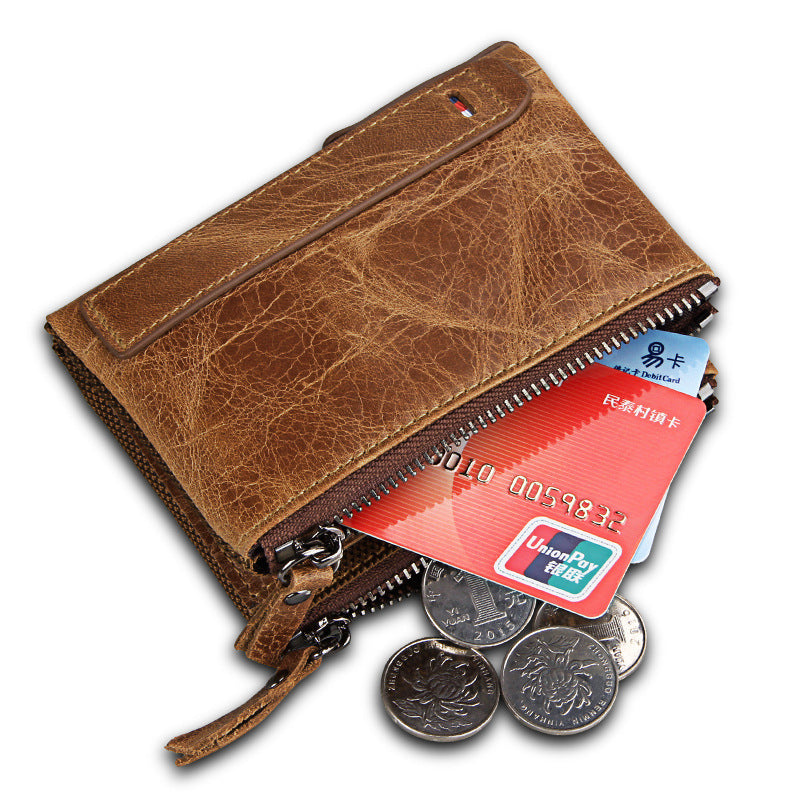 Crazy Horse Cowhide Men's Wallet RFID Anti-theft Brush Cowhide Short Men's Ticket Clip Wallet Double Zipper Coin Purse