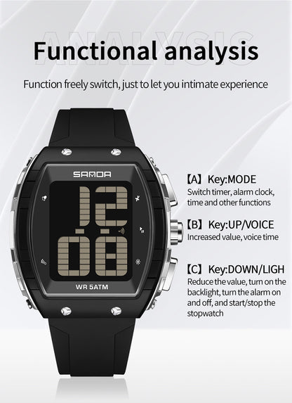 Sanda Elderly Voice Time Watch Large Digital Screen Luminous Multi-Function Watch Waterproof Calendar Digital Watch
