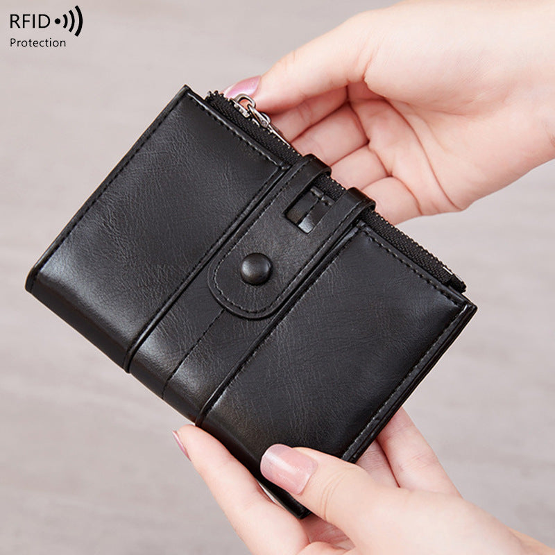 Cross-Border 2025Rfid Anti-Theft Wallet Retro Oil Wax Leather Double Zipper Coin Purse European and American Fashion Short Wallet