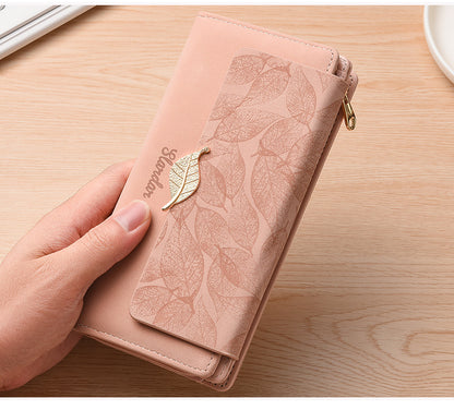 Amazon Cross-border Wallet Wholesale European and American Retro Frosted Leaf Buckle Long Clutch Large Capacity