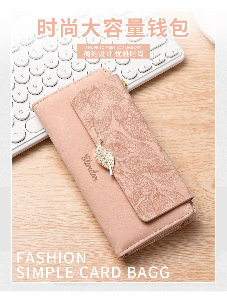 Amazon Cross-border Wallet Wholesale European and American Retro Frosted Leaf Buckle Long Clutch Large Capacity