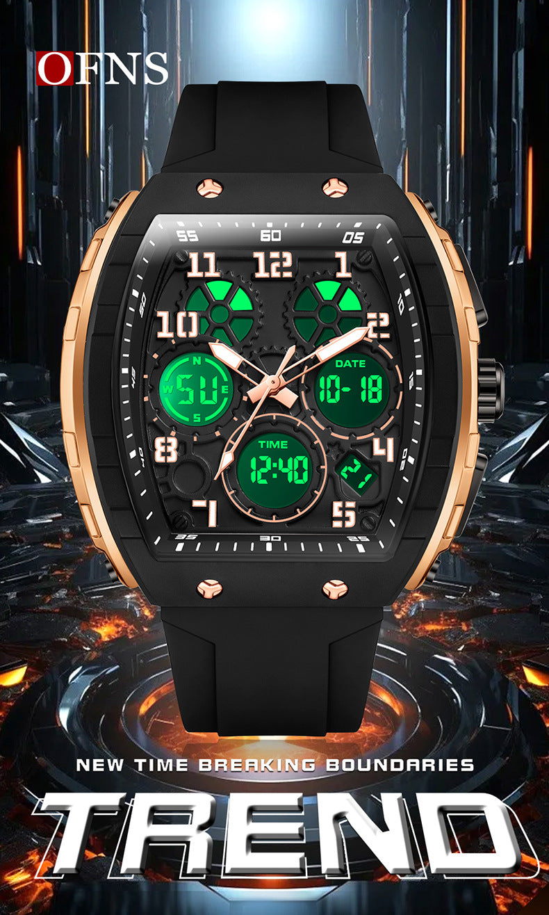 Ofns Fashion Watch Sports Waterproof Watch Barrel-Shaped Multi-Function Luminous Dual-Time Student Digital Watch
