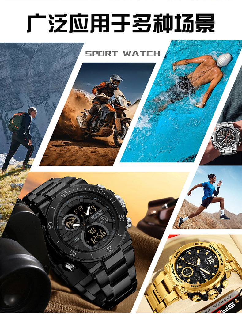Sanda foreign trade best selling electronic watch fashion business steel band luminous wrist watch multi-functional dual display men's watch wholesale