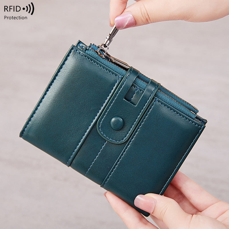 Cross-Border 2025Rfid Anti-Theft Wallet Retro Oil Wax Leather Double Zipper Coin Purse European and American Fashion Short Wallet