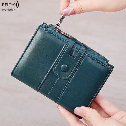 Cross-Border 2025Rfid Anti-Theft Wallet Retro Oil Wax Leather Double Zipper Coin Purse European and American Fashion Short Wallet