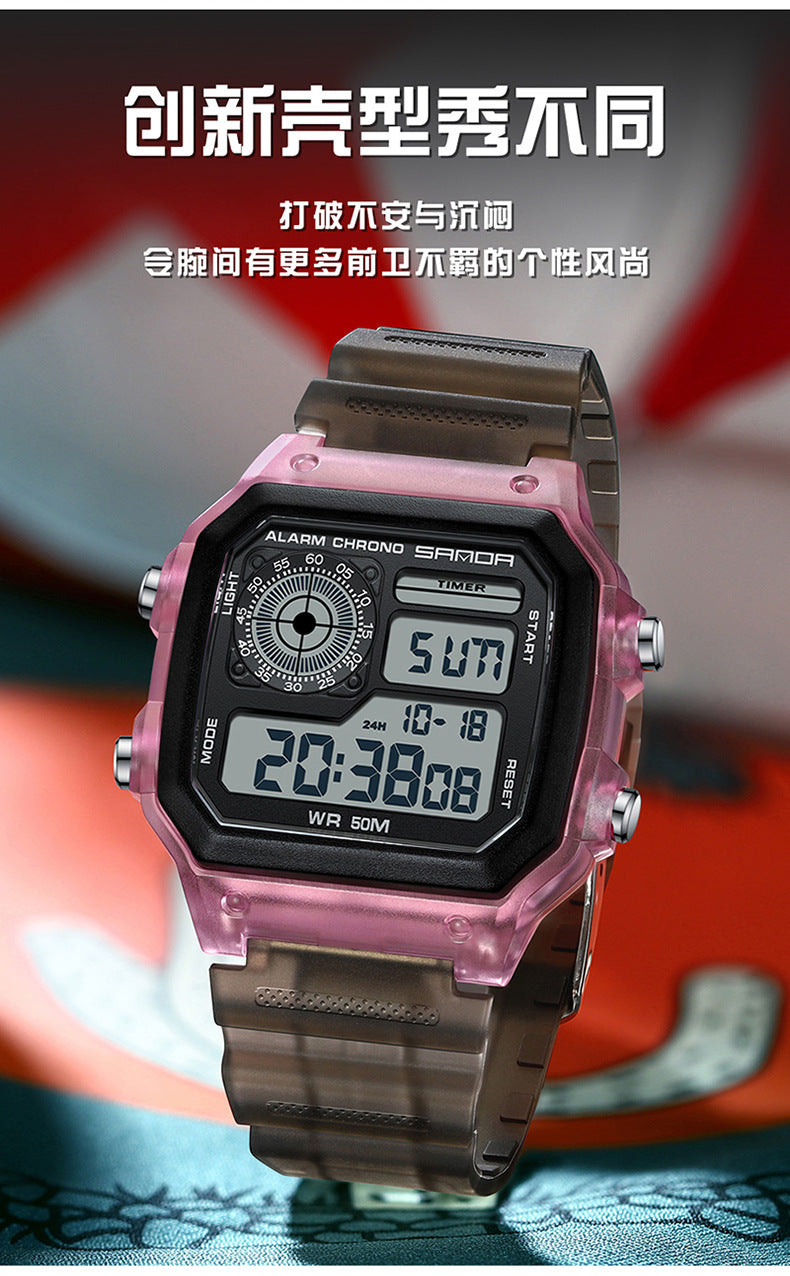 Sanda Hot-selling Square Watch Luminous Waterproof Alarm Student Watch Simple Korean Transparent Sports Electronic Watch