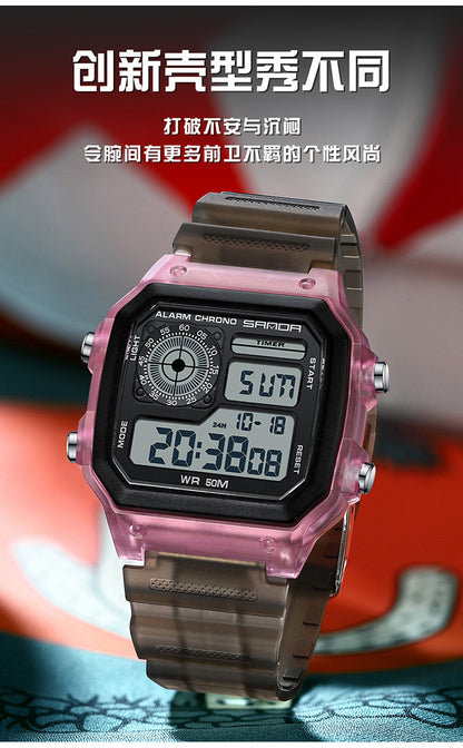 Sanda Hot-selling Square Watch Luminous Waterproof Alarm Student Watch Simple Korean Transparent Sports Electronic Watch