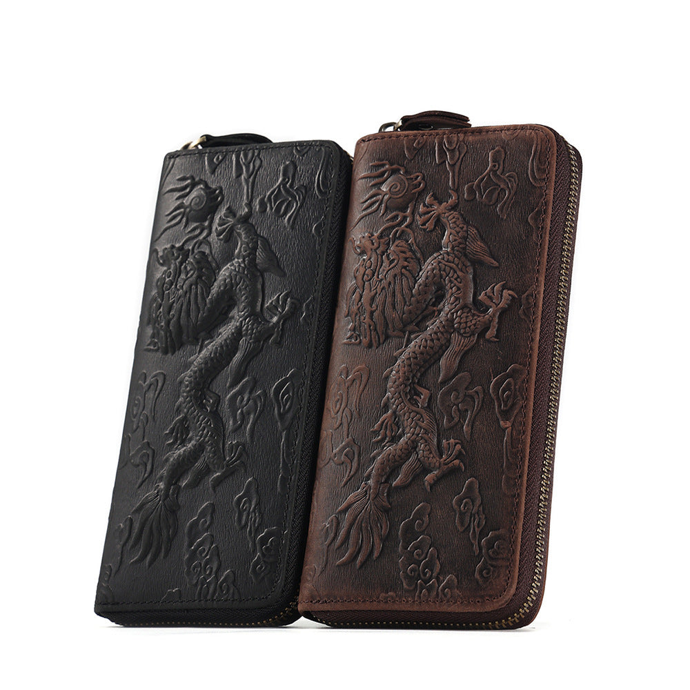 Crazy Horse Leather National Trend Long Wallet Men's Large Capacity Zipper Clutch Genuine Leather Retro Style Men's Wallet Card Holder
