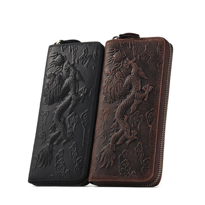 Crazy Horse Leather National Trend Long Wallet Men's Large Capacity Zipper Clutch Genuine Leather Retro Style Men's Wallet Card Holder