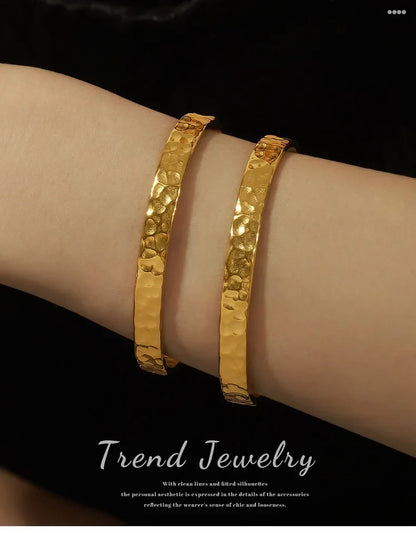 Casual Style Personalized Geometric Jewelry Niche Hammered Texture Design Titanium Steel Gold-Plated Open Bracelet Titanium Steel Bracelet
