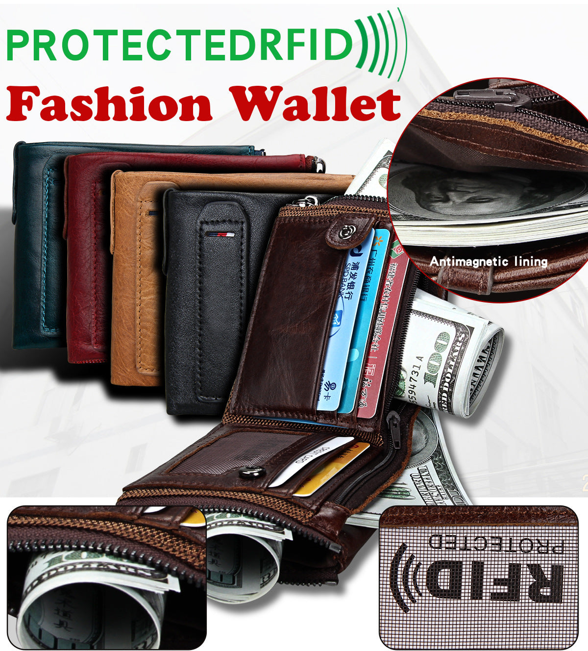 Crazy Horse Cowhide Men's Wallet RFID Anti-theft Brush Cowhide Short Men's Ticket Clip Wallet Double Zipper Coin Purse