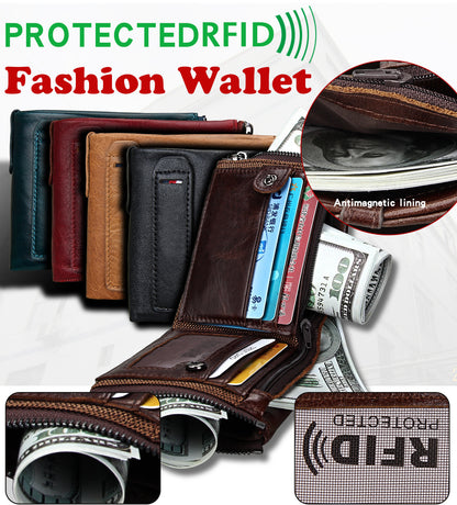 Crazy Horse Cowhide Men's Wallet RFID Anti-theft Brush Cowhide Short Men's Ticket Clip Wallet Double Zipper Coin Purse